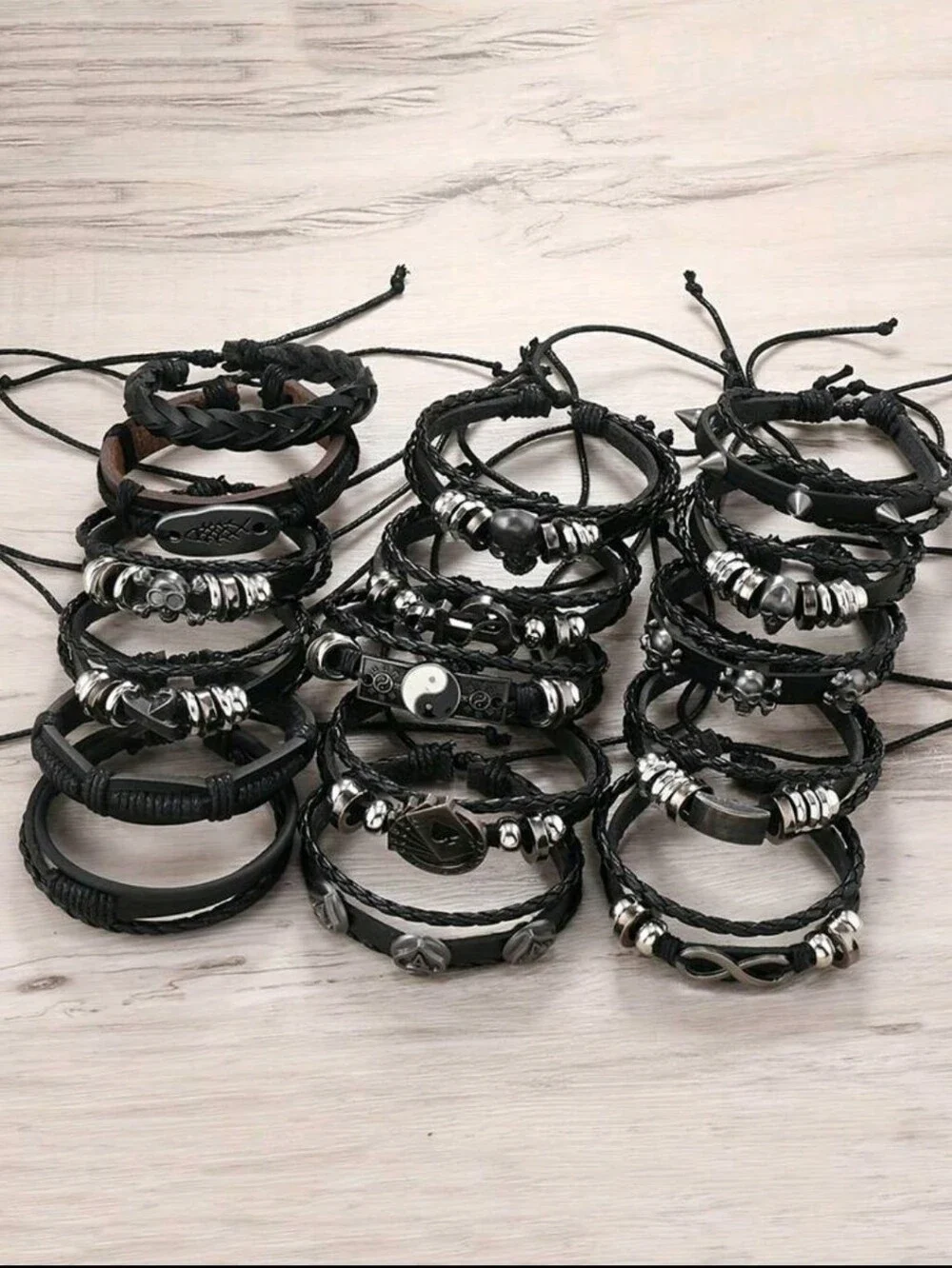 Black Layered Men’s Leather Bracelet Set - 30 Pieces MIX